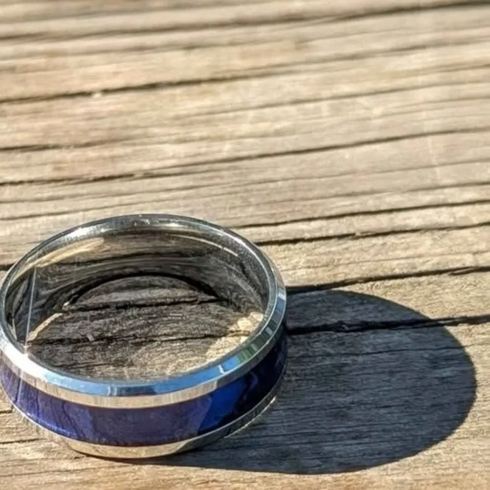 8mm Blue Opalescent Silver Stainless Steel Band Ring Size 9, 10, 12, 12.5, 13